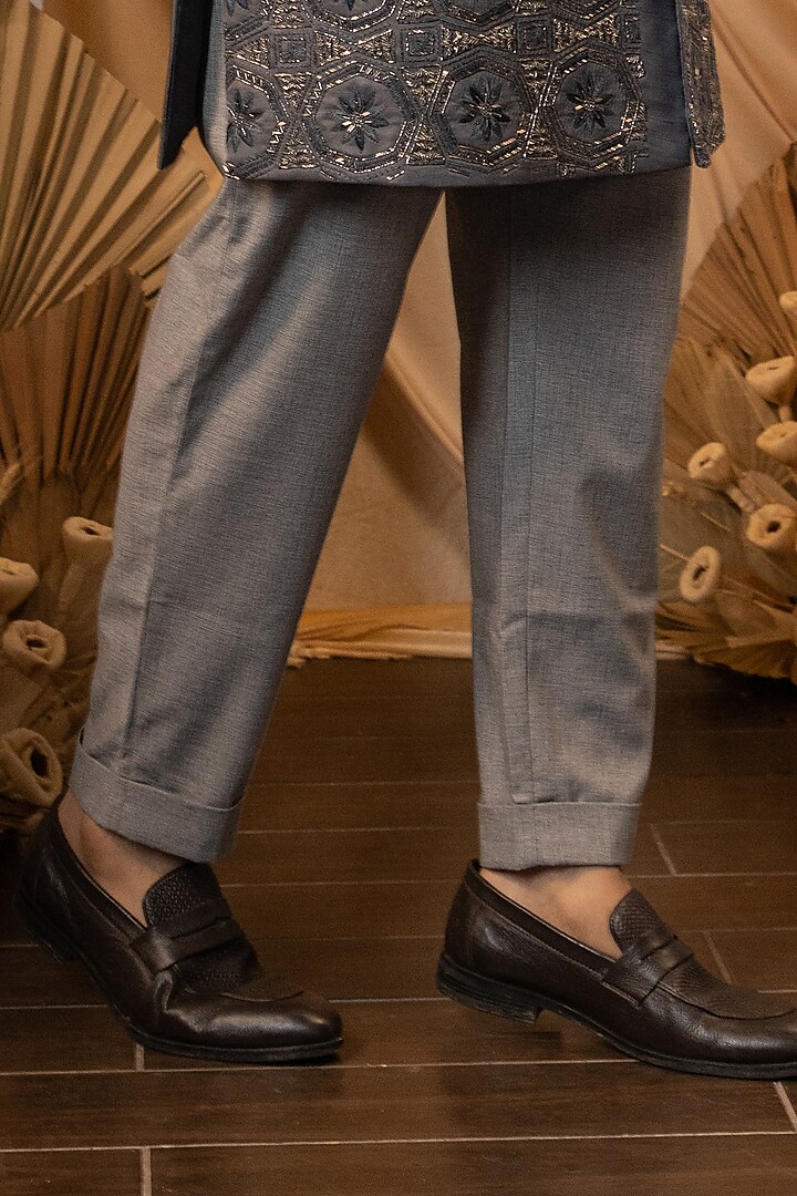 Ice Grey Linen Satin Motif Embroidered Achkan Set by YOSEBA at Pernia's Pop Up Shop