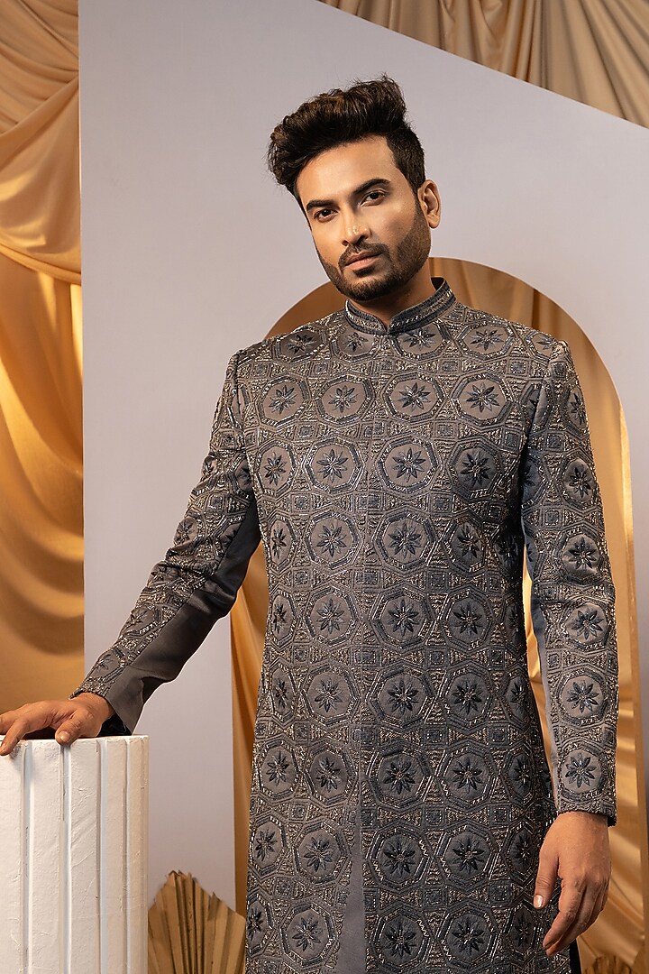Ice Grey Linen Satin Motif Embroidered Achkan Set by YOSEBA at Pernia's Pop Up Shop