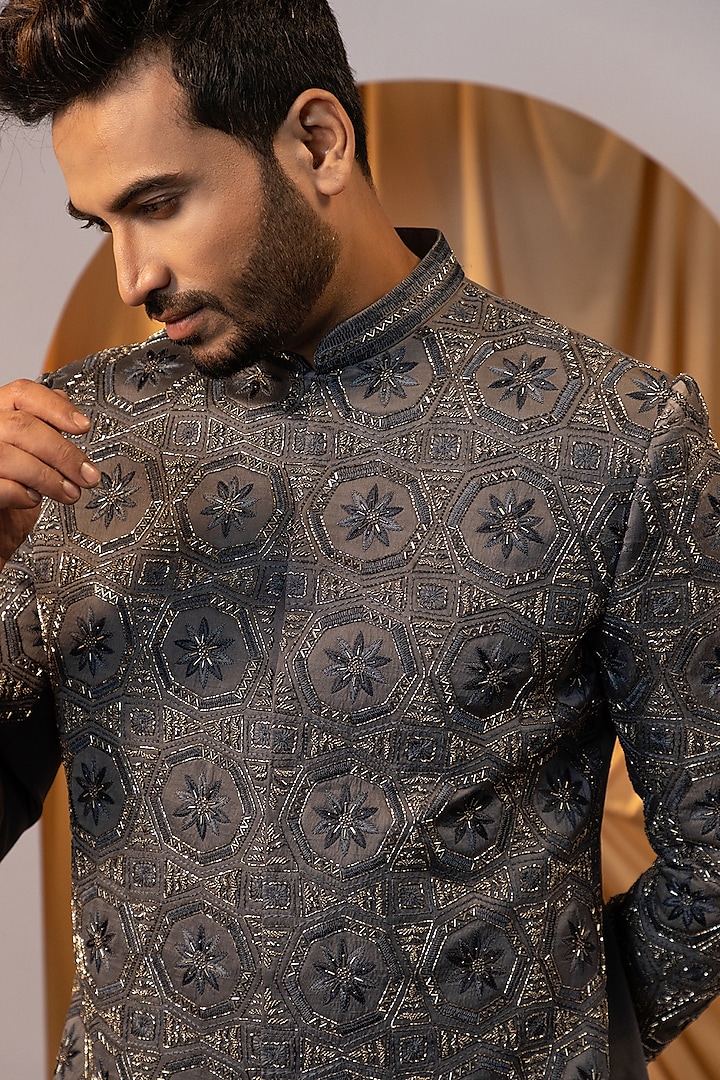 Ice Grey Linen Satin Motif Embroidered Achkan Set by YOSEBA at Pernia's Pop Up Shop