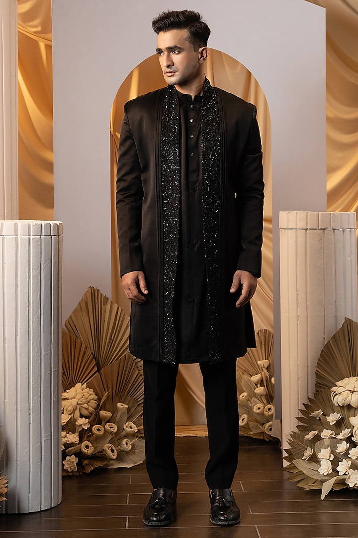 Charcoal Black Linen Satin Cutdana Embroidered Indo-Western Jacket Set by YOSEBA at Pernia's Pop Up Shop