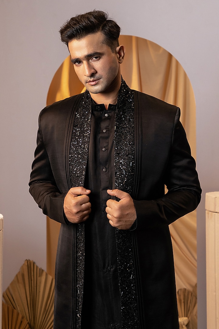 Charcoal Black Linen Satin Cutdana Embroidered Indo-Western Jacket Set by YOSEBA at Pernia's Pop Up Shop