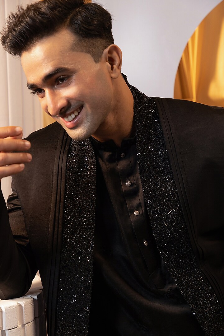 Charcoal Black Linen Satin Cutdana Embroidered Indo-Western Jacket Set by YOSEBA at Pernia's Pop Up Shop
