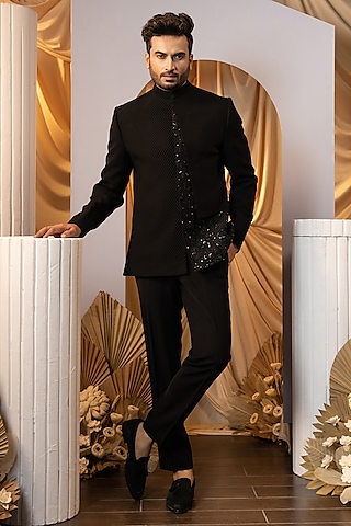 Black Suiting Bandhgala Set by YOSEBA