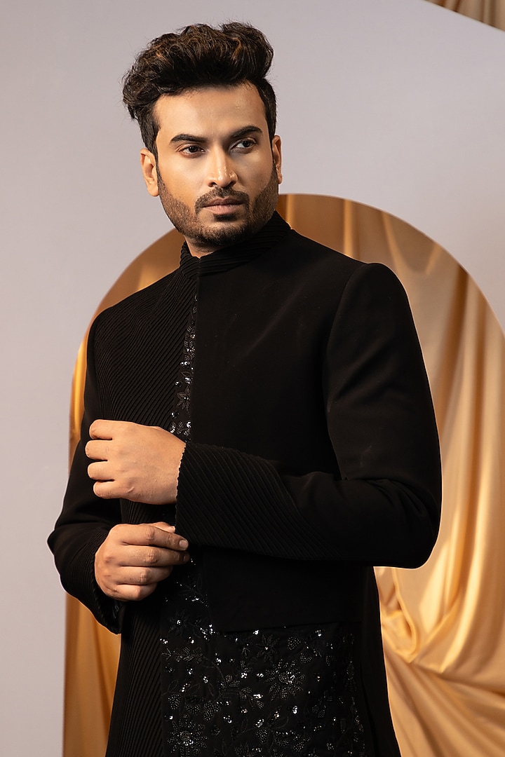 Black Suiting Wedding Bandhgala Set by YOSEBA at Pernia's Pop Up Shop