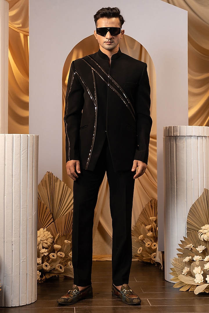 Black Suiting Bandhgala Set by YOSEBA