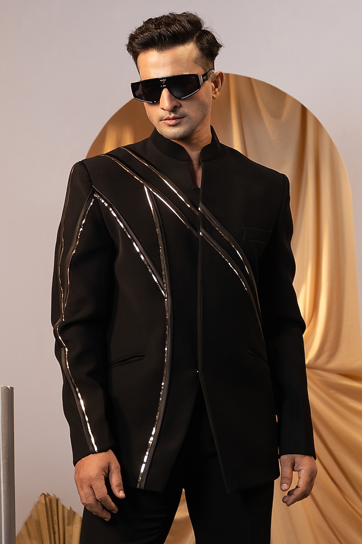 Black Suiting Wedding Bandhgala Set by YOSEBA at Pernia's Pop Up Shop