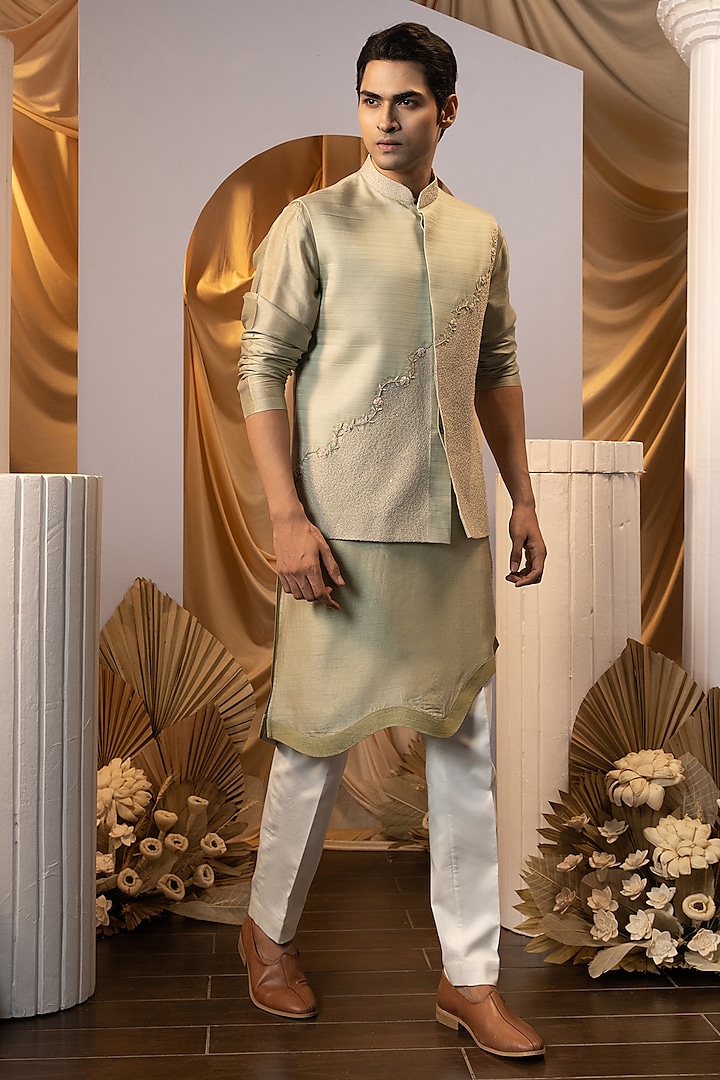 Green Bam Silk Thread Work Nehru Jacket Set by YOSEBA