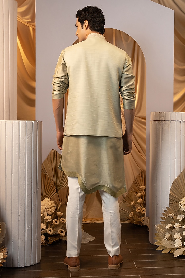 Green Bam Silk Thread Work Nehru Jacket Set by YOSEBA at Pernia's Pop Up Shop