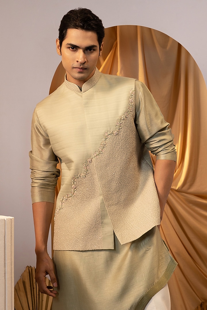 Green Bam Silk Thread Work Nehru Jacket Set by YOSEBA at Pernia's Pop Up Shop