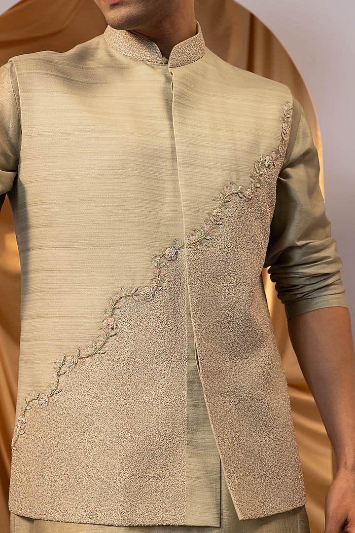 Green Bam Silk Thread Work Nehru Jacket Set by YOSEBA at Pernia's Pop Up Shop