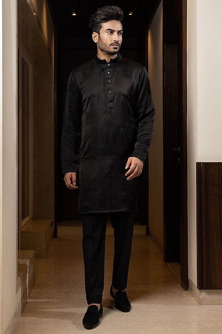 Black Linen Satin French Knot Embroidered Kurta Set by YOSEBA