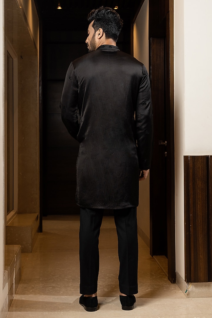 Black Linen Satin French Knot Embroidered Kurta Set by YOSEBA at Pernia's Pop Up Shop