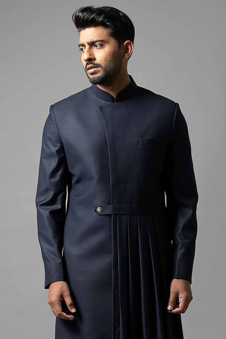 Midnight Navy Terrycot Draped Achkan Set by YOSEBA at Pernia's Pop Up Shop