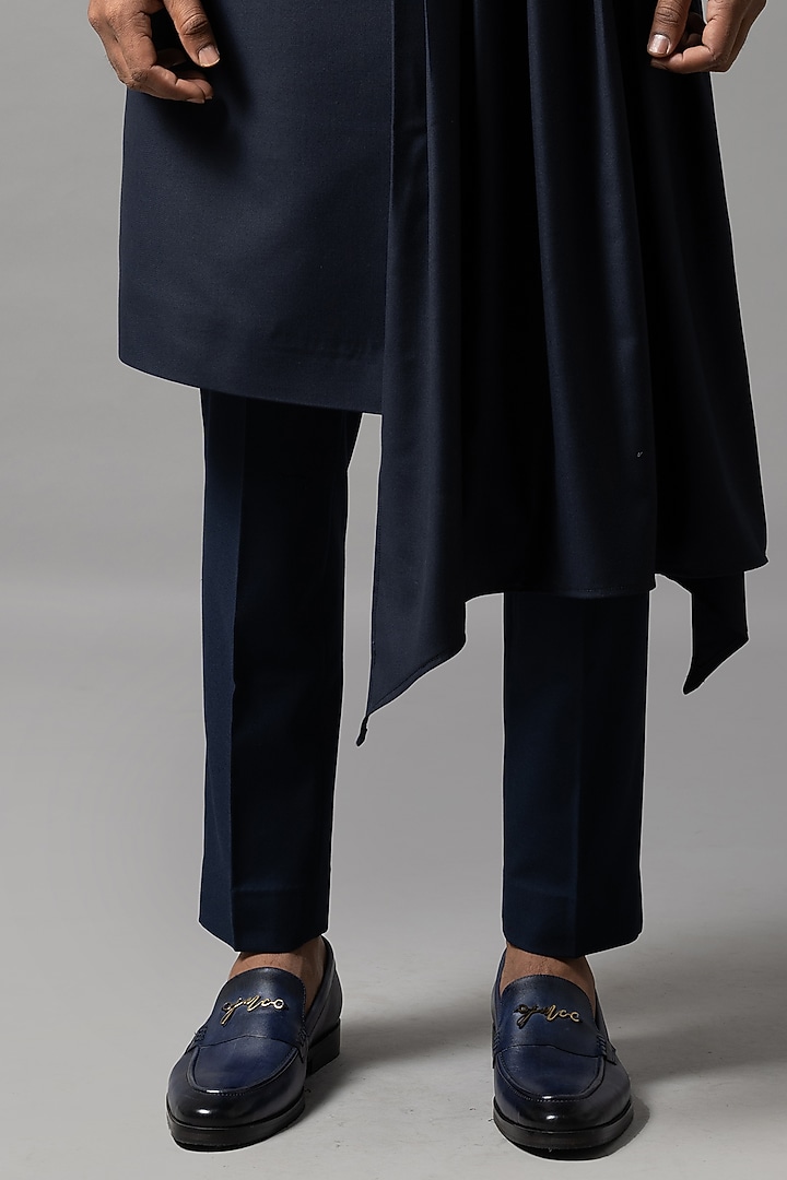 Midnight Navy Terrycot Draped Achkan Set by YOSEBA at Pernia's Pop Up Shop