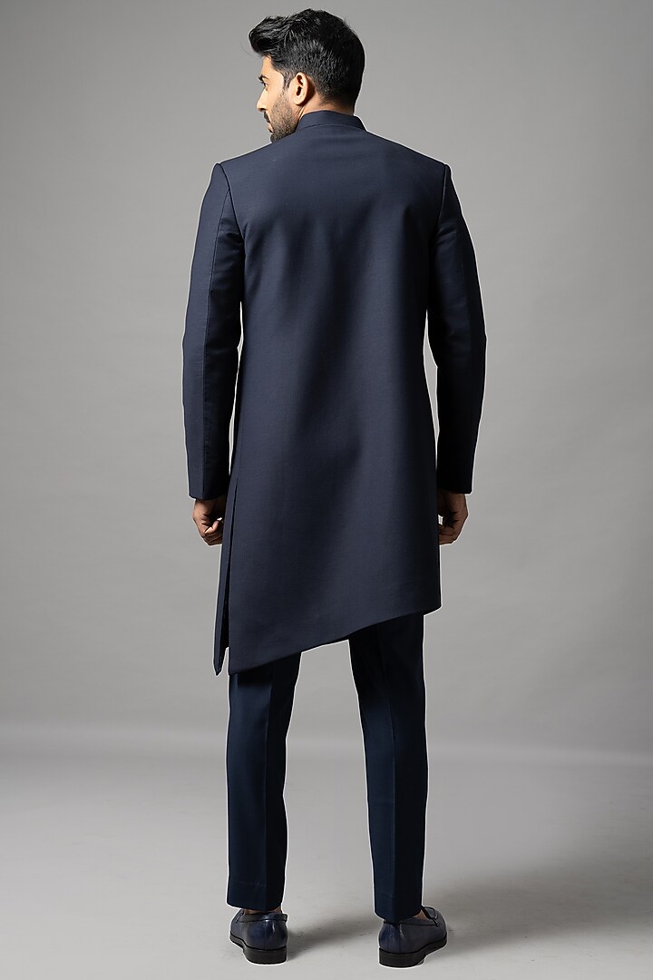 Onyx Blue Terrycot Layered Achkan Set by YOSEBA at Pernia's Pop Up Shop