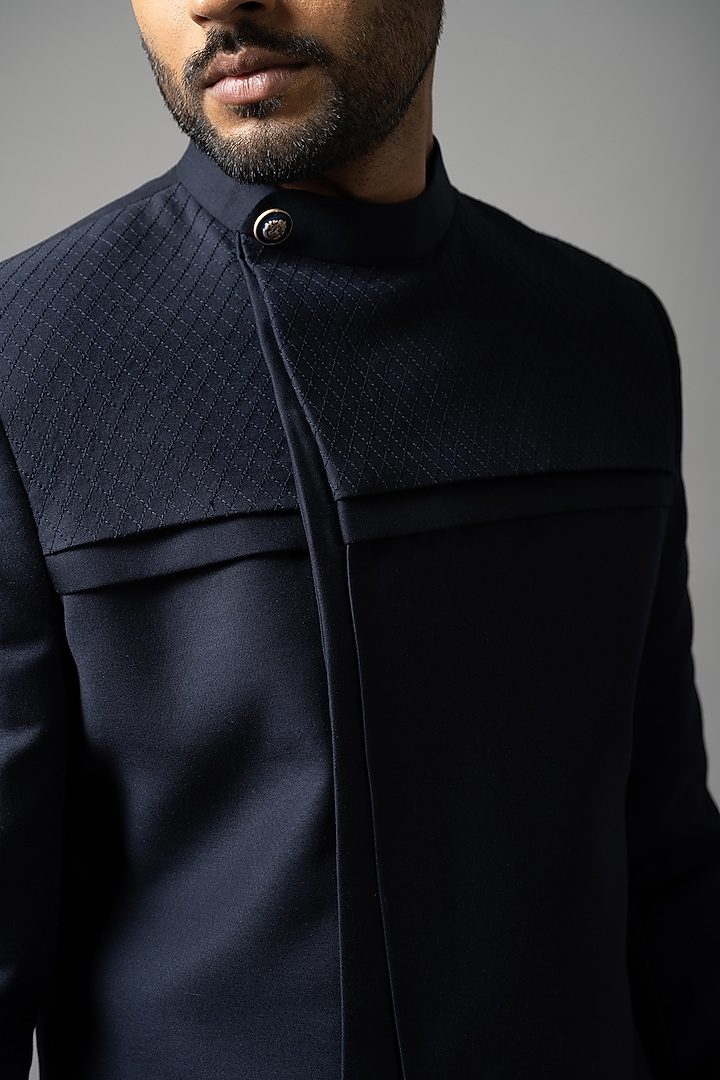 Onyx Blue Terrycot Layered Achkan Set by YOSEBA at Pernia's Pop Up Shop