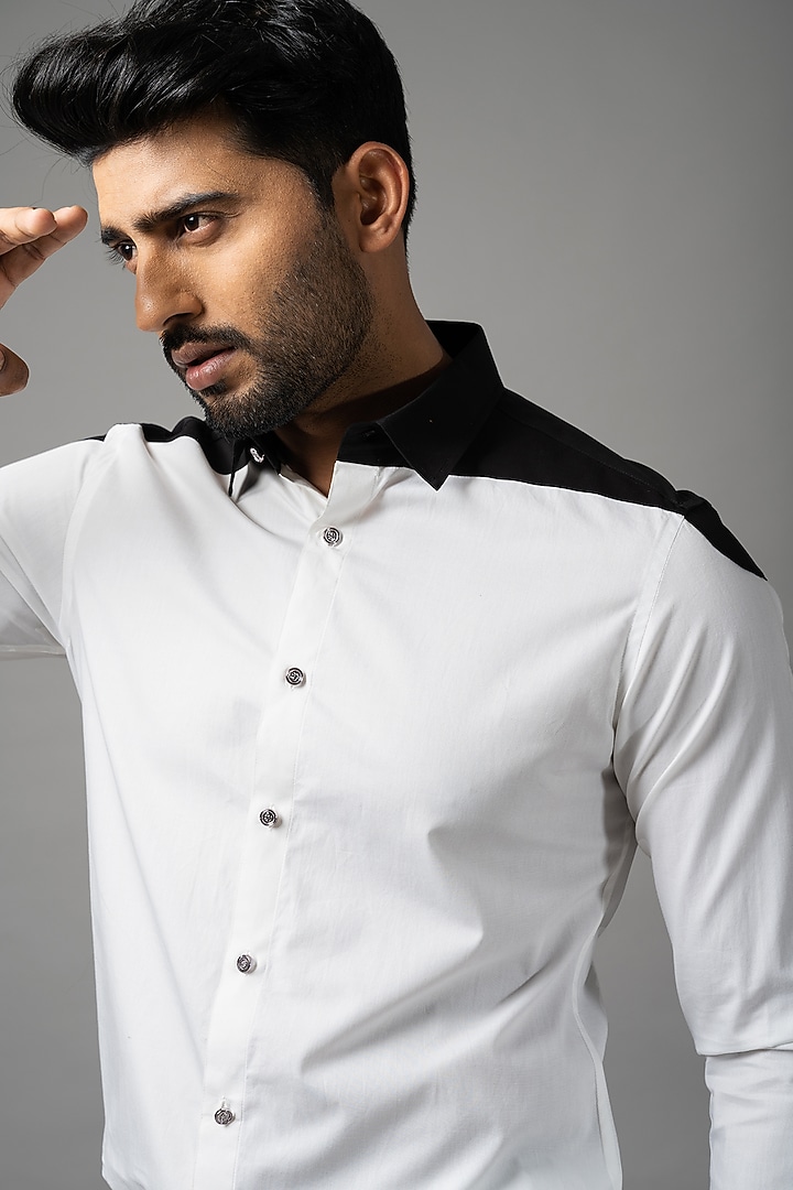 Black & White Egyptian Giza Cotton Party Wear Shirt by YOSEBA at Pernia's Pop Up Shop