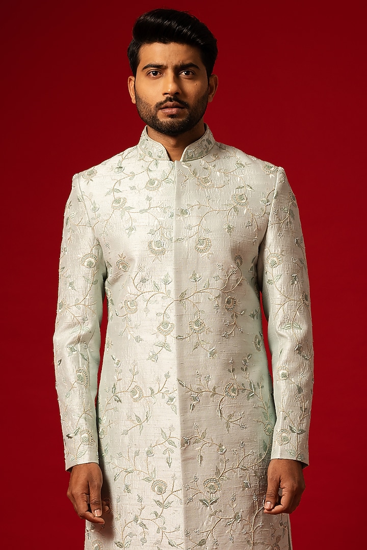 Mystic Blue Raw Silk Embroidered Groom Sherwani Set by YOSEBA at Pernia's Pop Up Shop