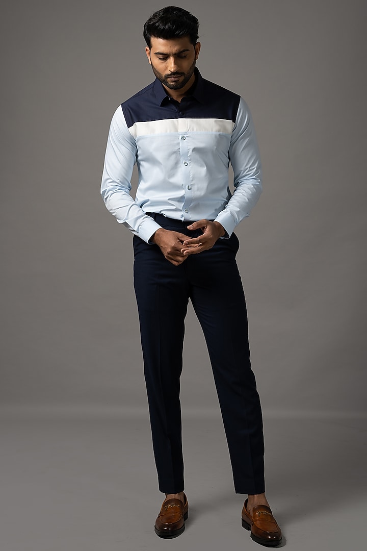 Blue & White Egyptian Giza Cotton Party Wear Shirt by YOSEBA at Pernia's Pop Up Shop
