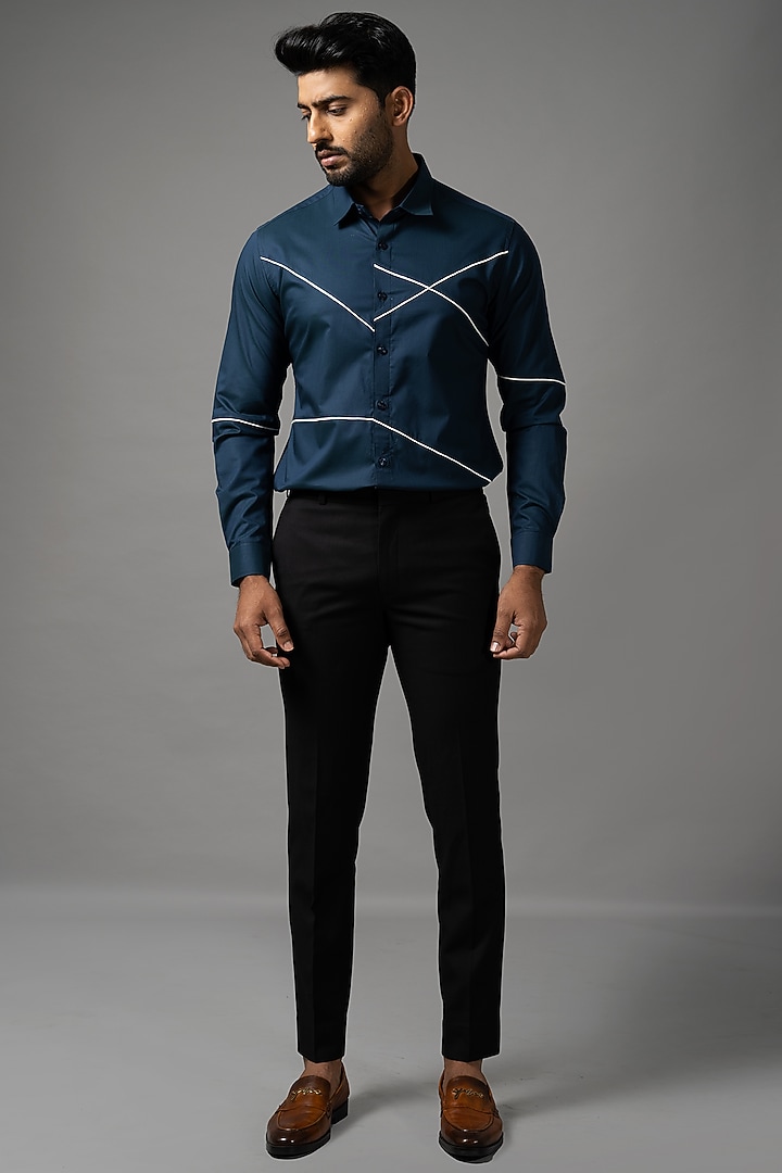 Prussian Blue Egyptian Giza Cotton Party Wear Shirt by YOSEBA at Pernia's Pop Up Shop