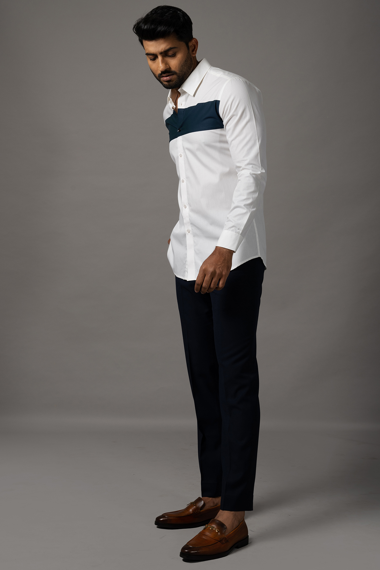 Blue & White Cotton Color-Blocked Shirt by YOSEBA