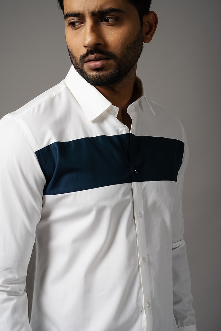 Blue & White Cotton Color-Blocked Party Wear Shirt by YOSEBA at Pernia's Pop Up Shop
