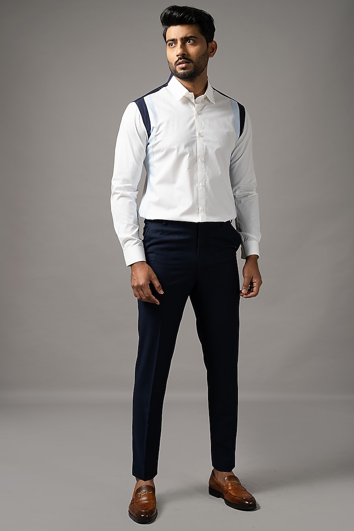 White & Blue Egyptian Giza Cotton Party Wear Shirt by YOSEBA at Pernia's Pop Up Shop