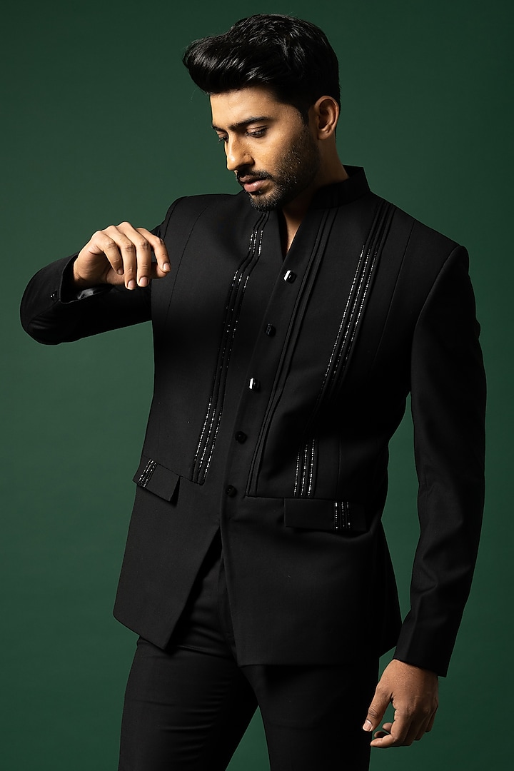 Black Terrycot Wedding Bandhgala Set by YOSEBA at Pernia's Pop Up Shop