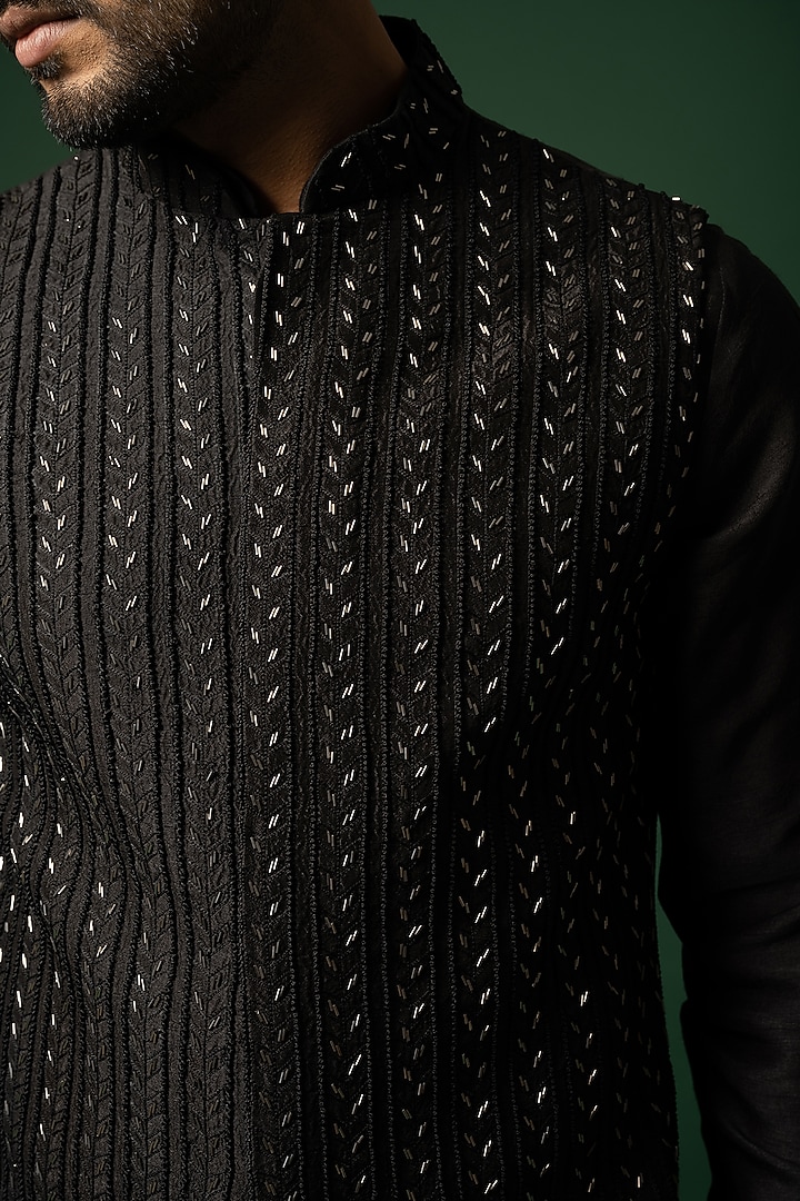 Obsidian Black Bam Silk Embroidered Nehru Jacket Set by YOSEBA at Pernia's Pop Up Shop