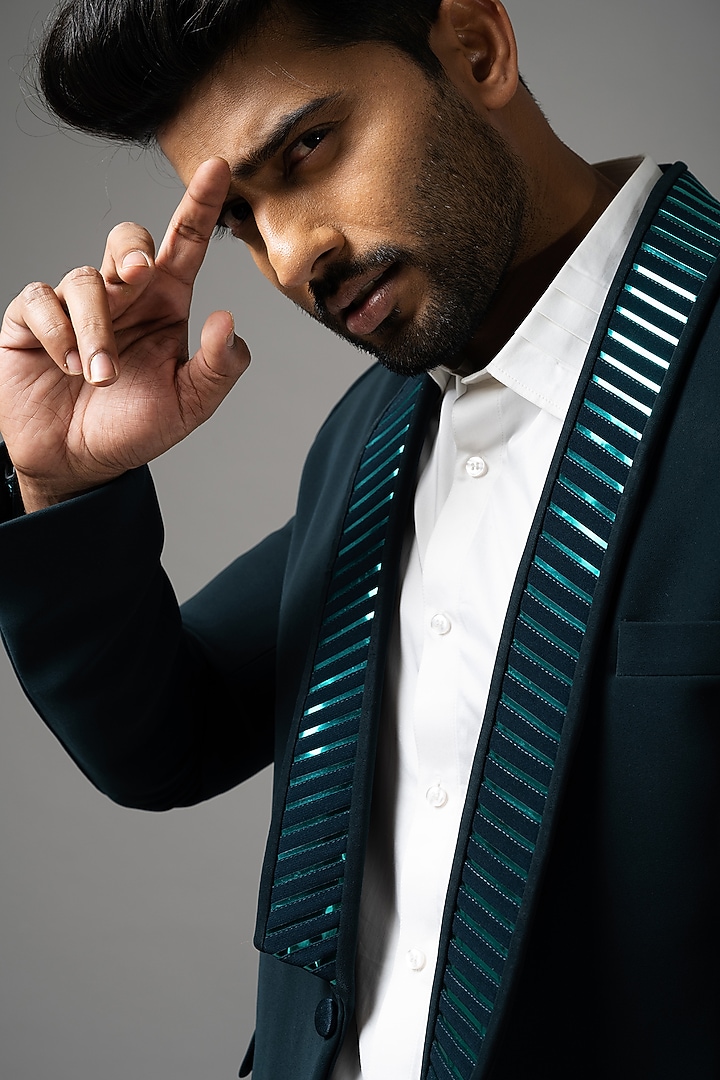 Sacramento Green Stretchable Fabric Tuxedo Set by YOSEBA at Pernia's Pop Up Shop