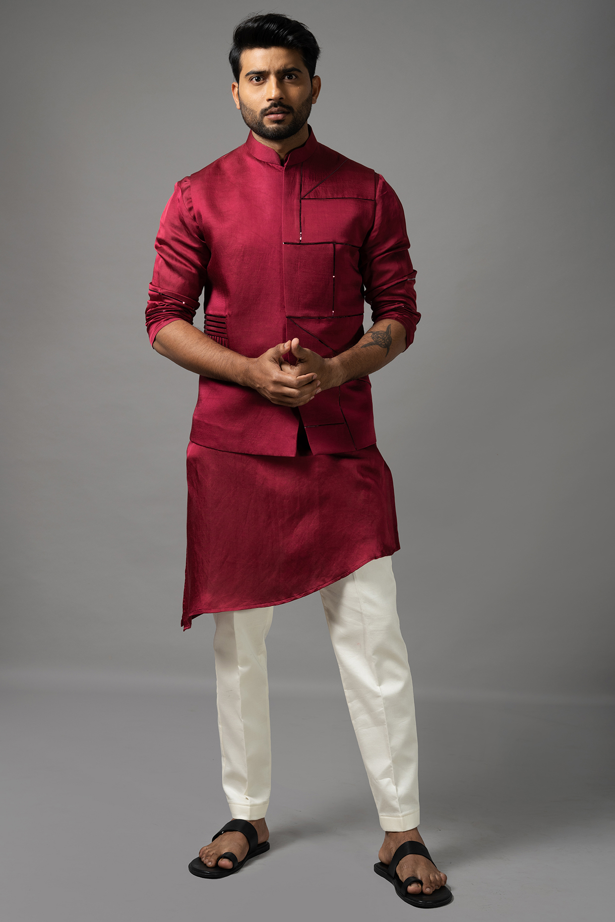 Venetian Red Linen Satin Nehru Jacket Set by YOSEBA at Pernia's Pop Up Shop
