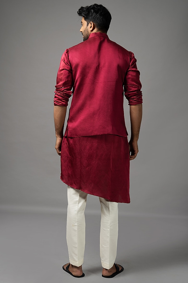 Venetian Red Linen Satin Nehru Jacket Set by YOSEBA at Pernia's Pop Up Shop
