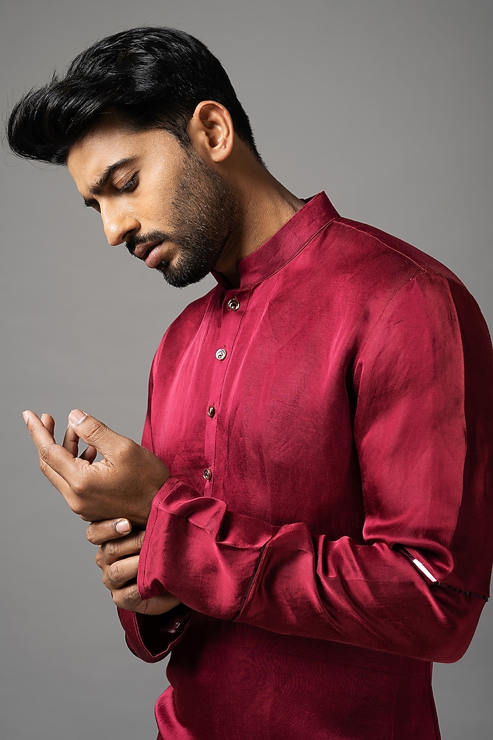 Venetian Red Linen Satin Nehru Jacket Set by YOSEBA at Pernia's Pop Up Shop