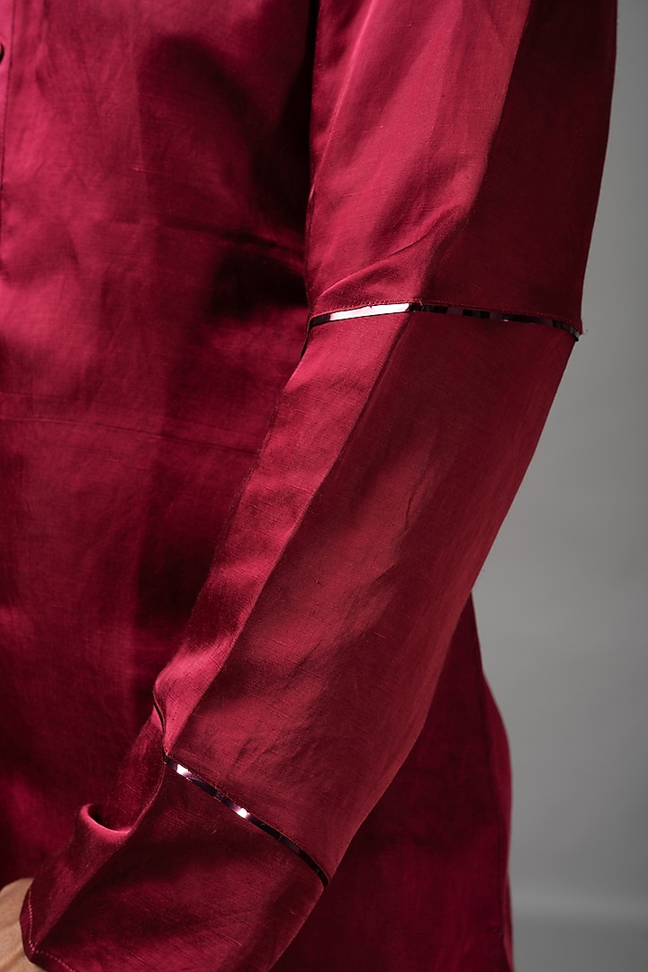 Venetian Red Linen Satin Nehru Jacket Set by YOSEBA at Pernia's Pop Up Shop