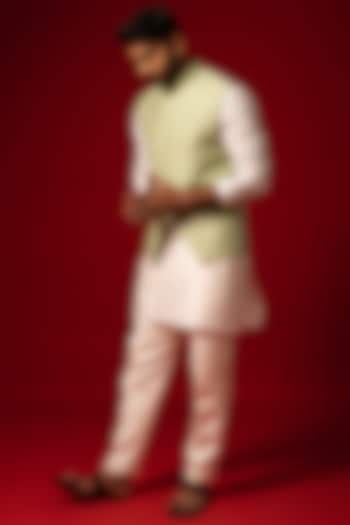 Tea Green Bam Silk Embroidered Nehru Jacket Set by YOSEBA at Pernia's Pop Up Shop