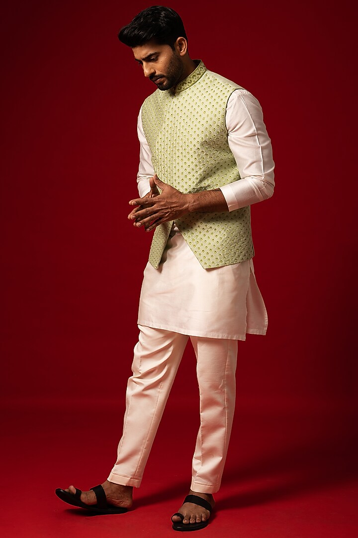 Tea Green Bam Silk Embroidered Nehru Jacket Set by YOSEBA at Pernia's Pop Up Shop