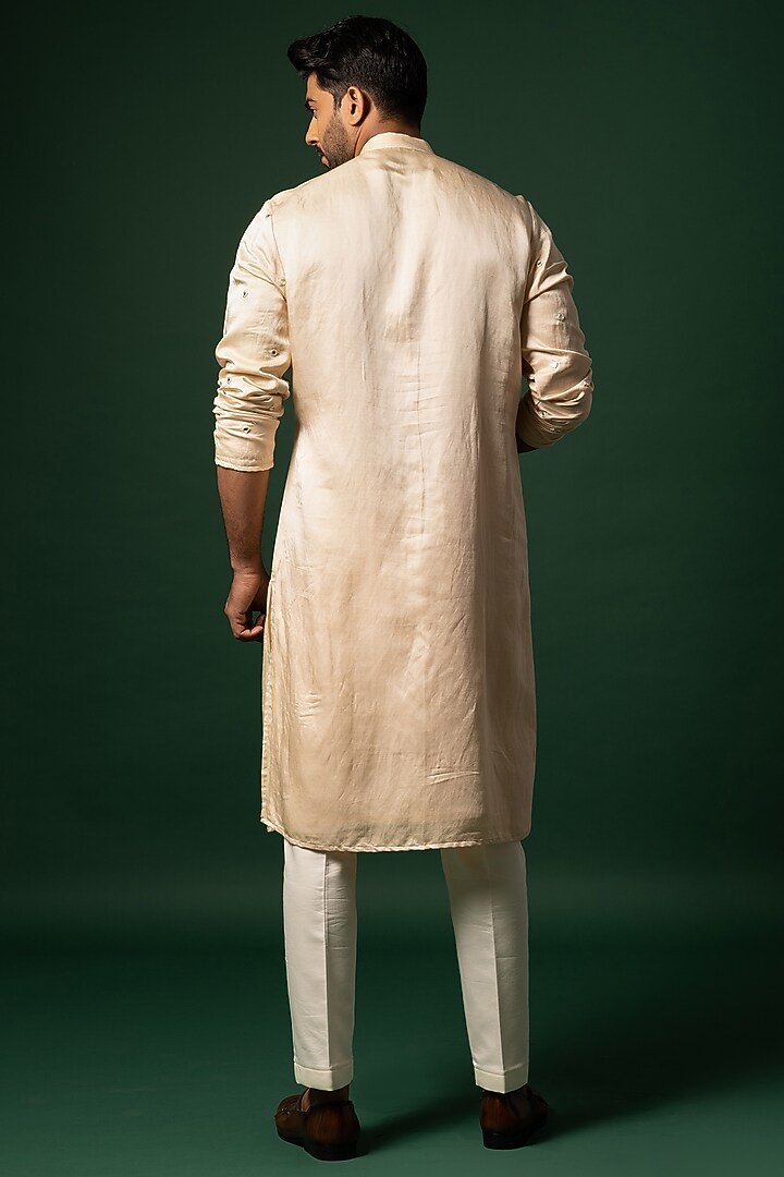 Salmon Pink Linen Satin Kurta Set by YOSEBA at Pernia's Pop Up Shop
