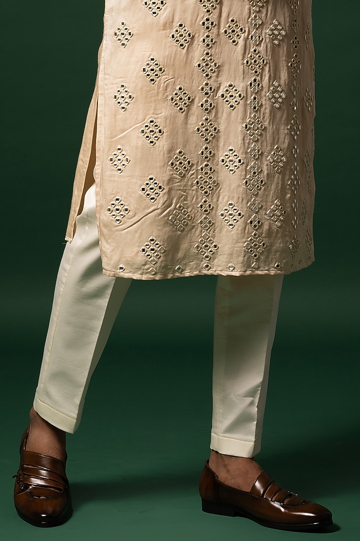 Salmon Pink Linen Satin Kurta Set by YOSEBA at Pernia's Pop Up Shop