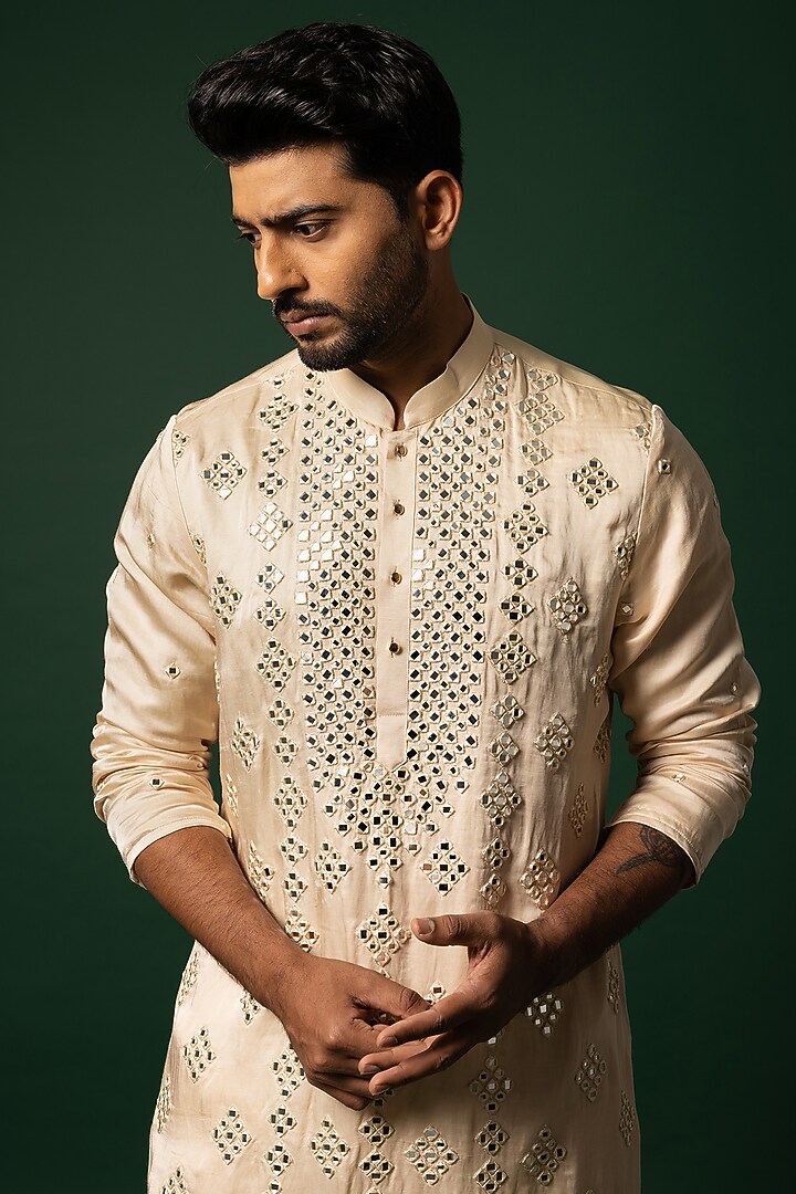 Salmon Pink Linen Satin Kurta Set by YOSEBA at Pernia's Pop Up Shop