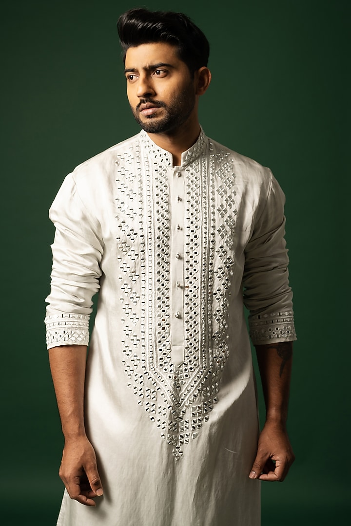 Whisper Grey Linen Satin Kurta Set by YOSEBA at Pernia's Pop Up Shop