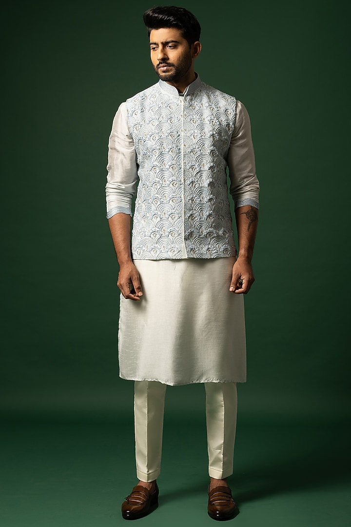 Cerulean Blue Bam Silk Embroidered Nehru Jacket Set by YOSEBA at Pernia's Pop Up Shop