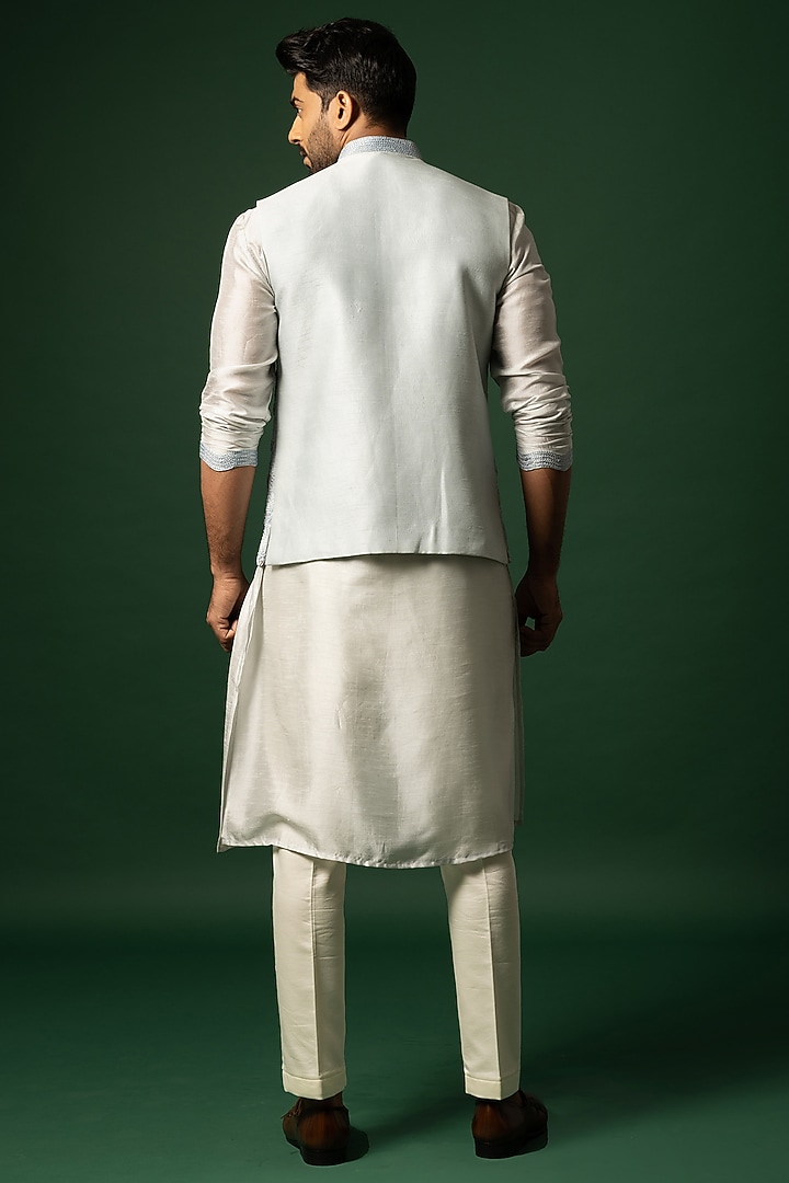 Cerulean Blue Bam Silk Embroidered Nehru Jacket Set by YOSEBA at Pernia's Pop Up Shop