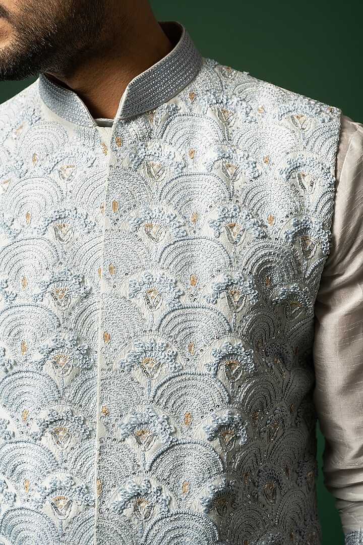 Cerulean Blue Bam Silk Embroidered Nehru Jacket Set by YOSEBA at Pernia's Pop Up Shop