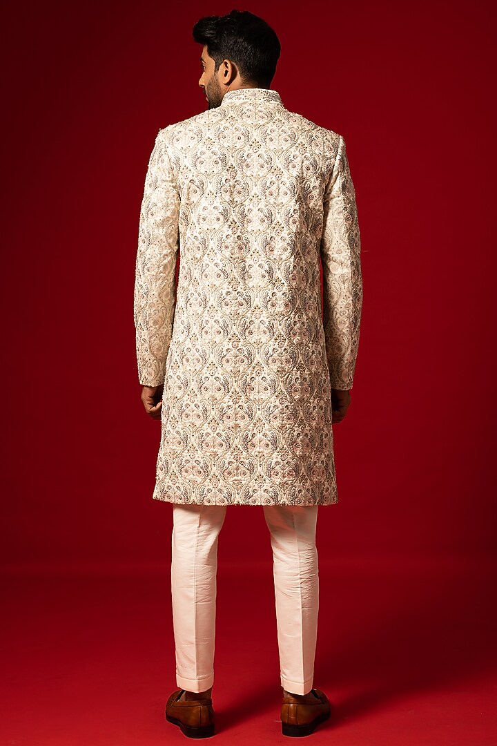 Ivory Silk Embroidered Groom Sherwani Set by YOSEBA at Pernia's Pop Up Shop