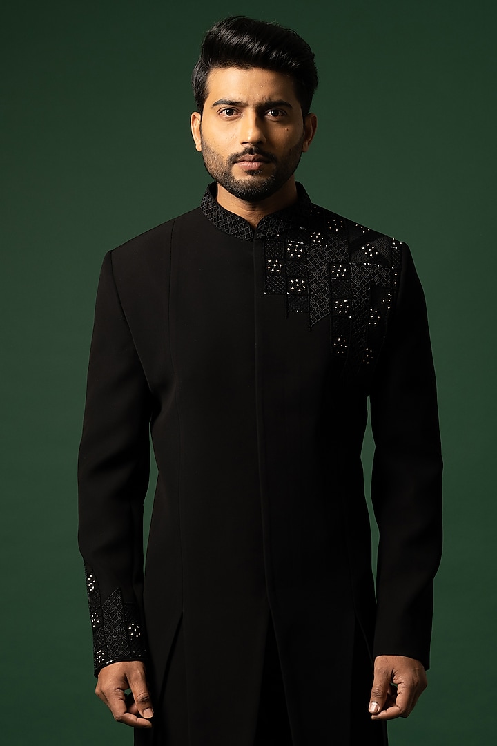 Obsidian Black Stretchable Fabric Embroidered Achkan Set by YOSEBA at Pernia's Pop Up Shop