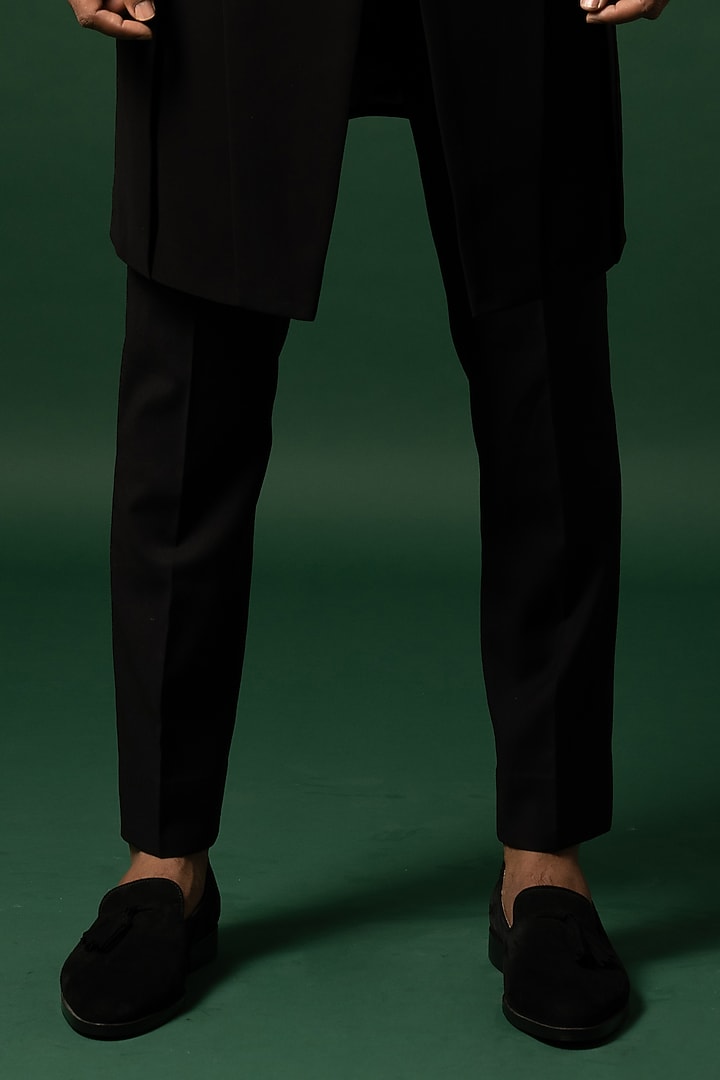Obsidian Black Stretchable Fabric Embroidered Achkan Set by YOSEBA at Pernia's Pop Up Shop