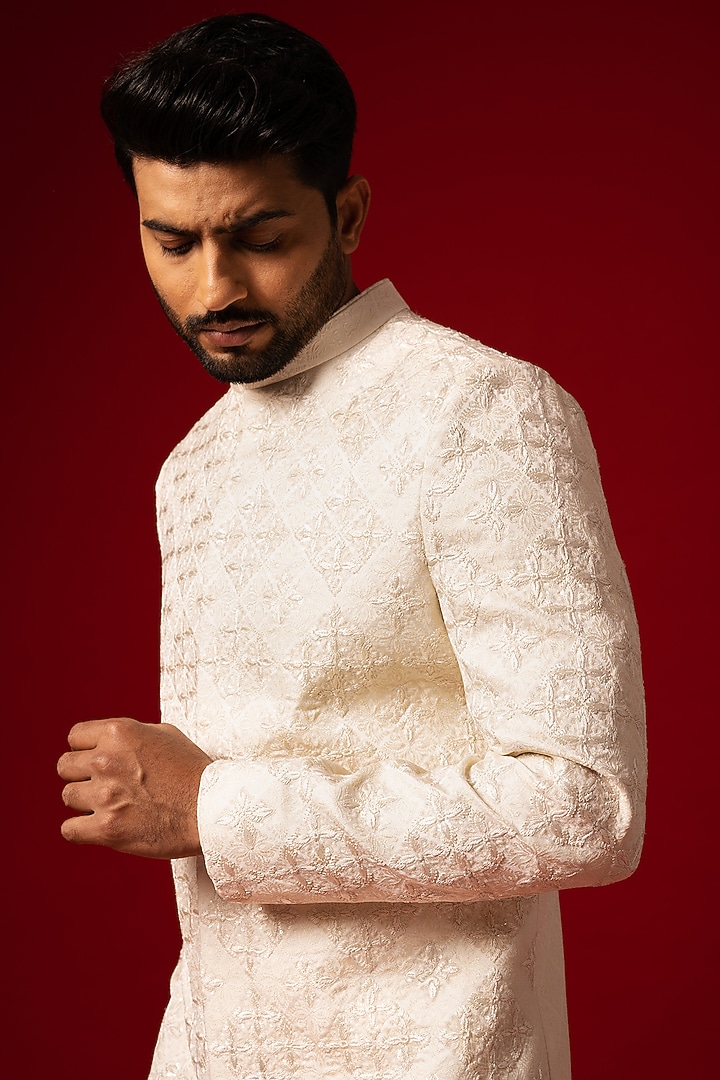 Ivory Terrycot Groom Sherwani Set by YOSEBA at Pernia's Pop Up Shop
