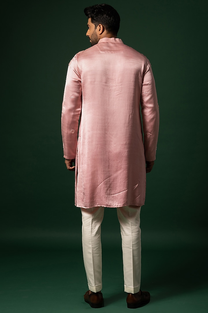 Ruby Pink Linen Satin Embroidered Kurta Set by YOSEBA at Pernia's Pop Up Shop