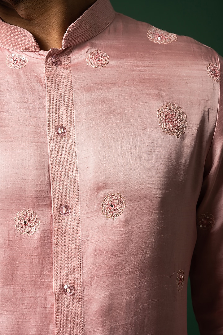 Ruby Pink Linen Satin Embroidered Kurta Set by YOSEBA at Pernia's Pop Up Shop