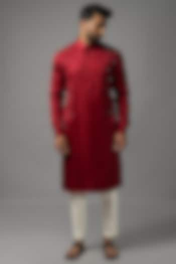 Scarlet Red Linen Embroidered Kurta Set by YOSEBA